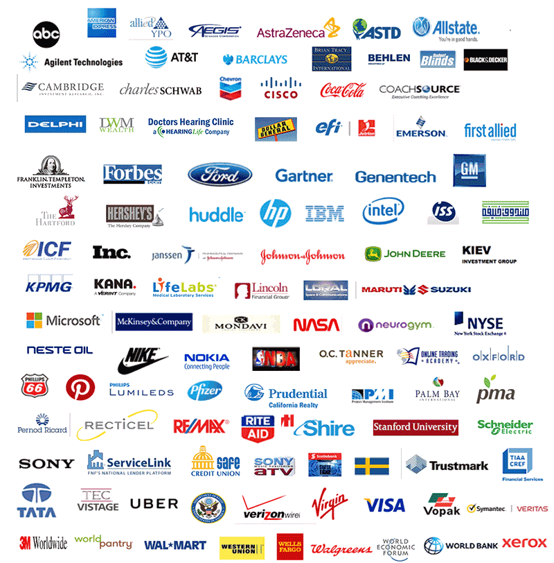 Client logos including Forbes, Ford, Gartner, Genentech, GM, HP, IBM, Intel, Johnson & Johnson, John Deere, KPMG, Nasdaq and the World Bank